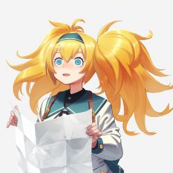 Rule 34 | 1girl, blonde hair, blue eyes, gambier bay (kancolle), hair between eyes, hairband, holding, holding map, jacket, kantai collection, long hair, long sleeves, map, meme, open mouth, school uniform, simple background, solo, space cat (meme), twintails, white background, wide-eyed, yue (tada no saboten)