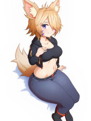 Rule 34 | 1girl, animal ears, belt, blonde hair, breasts, collarbone, commission, denim, facepaint, fox ears, fox tail, hair over one eye, highres, jacket, jeans, looking at viewer, medium breasts, midriff, navel, pants, purple eyes, sitting, smile, solo, sports bra, tail, thick thighs, thighs, white background, zoryc