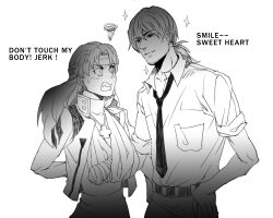 Rule 34 | 1boy, 1girl, balusah, bandages, black necktie, closed mouth, cross, cross necklace, earrings, english text, facial hair, jewelry, kaji ryouji, katsuragi misato, long hair, looking at another, low ponytail, monochrome, necklace, necktie, neon genesis evangelion, ponytail, simple background, smile