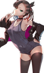 1girl asymmetrical_bangs bare_shoulders black_choker black_hair black_jacket black_one-piece_swimsuit breasts choker covered_navel creatures_(company) earrings game_freak green_eyes hair_ribbon highres jacket jewelry long_sleeves looking_at_viewer marnie_(pokemon) momdy_(talesshinja) nintendo one-piece_swimsuit open_clothes pokemon pokemon_swsh red_ribbon ribbon simple_background solo swimsuit thighhighs twintails v