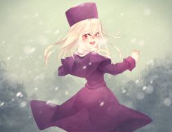 Rule 34 | 1girl, capelet, coat, fate/stay night, fate (series), fur hat, hat, illyasviel von einzbern, long hair, papakha, purple hat, red eyes, snowing, solo, white hair, ym (snovee)