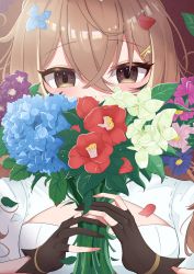 Rule 34 | 1girl, absurdres, ahoge, bouquet, brown eyes, brown hair, cafelittle, cleavage cutout, clothing cutout, falling petals, feather hair ornament, feathers, flower, flower request, gloves, hair ornament, hairclip, highres, holding, holding bouquet, hololive, hololive english, long hair, looking at viewer, multicolored hair, nanashi mumei, partially fingerless gloves, petals, ponytail, shirt, streaked hair, very long hair, virtual youtuber, white shirt