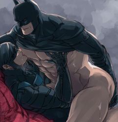 Rule 34 | 2boys, abs, anal, bara, batman, batman (series), black bodysuit, black cape, black gloves, black hair, blue bodysuit, blue eyes, bodysuit, bodysuit pull, bottomless, bruce wayne, cape, clothed sex, dc comics, dick grayson, domino mask, erection, father and son, fujimura (fuji biotope6), gloves, incest, large pectorals, licking, licking nipple, looking at another, male focus, male penetrated, male pubic hair, mask, multiple boys, muscular, muscular male, navel, nightwing, nipple stimulation, nipples, nude, on person, pectorals, penis, pubic hair, sex, short hair, sitting, sitting on person, thick thighs, thighs, tongue, tongue out, yaoi