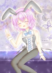Rule 34 | 1girl, amiguri, animal ears, black pantyhose, breasts, bug, butterfly, couch, closed eyes, female focus, insect, leotard, open mouth, pantyhose, pink hair, playboy bunny, rabbit ears, rabbit tail, ribbon, saigyouji yuyuko, short hair, sitting, smile, solo, tail, touhou, v