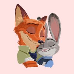 Rule 34 | animal ears, artist request, rabbit, rabbit ears, disney, closed eyes, fox, fox ears, furry, highres, hug, judy hopps, looking at another, nick wilde, pink background, police, police uniform, simple background, smile, uniform, zootopia
