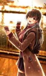 Rule 34 | 1girl, :d, alternate costume, black bag, black skirt, brown jacket, cellphone, coffee cup, commentary, cup, disposable cup, earrings, from side, green eyes, green hair, hair ornament, hairclip, highres, holding, holding cup, holding phone, hood, hooded jacket, jacket, jewelry, kantai collection, kumano (kancolle), long hair, looking at viewer, necklace, night, open mouth, phone, pleated skirt, purple sweater, ribbed sweater, ring, riyo (lyomsnpmp) (style), skirt, smartphone, smile, solo, sticker, suien, suzuya (kancolle), sweater, turtleneck, turtleneck sweater