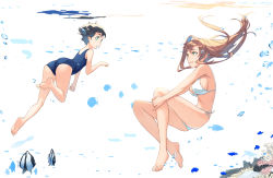 Rule 34 | 2girls, air bubble, animal, ass, back, bad id, bad pixiv id, barefoot, bikini, black hair, blue one-piece swimsuit, breasts, breath, brown hair, bubble, clenched hands, closed mouth, coral, eyelashes, feet, fish, floating hair, freediving, green eyes, holding breath, hugging own legs, kimura (ykimu), large breasts, long hair, looking at another, multiple girls, ocean, one-piece swimsuit, original, parted lips, reflection, short hair, side-tie bikini bottom, sideboob, smile, soles, swimsuit, underwater, white background, white bikini