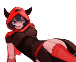 Rule 34 | 1girl, belt, black dress, boots, breasts, capelet, courtney (pokemon), creatures (company), dress, game freak, grin, hair between eyes, hood, hood up, horns, large breasts, leaning back, lips, lipstick, looking at viewer, makeup, nintendo, pokemon, pokemon rse, purple eyes, purple hair, red belt, red footwear, red lips, short hair, short sleeves, side slit, simple background, smile, solo, taut clothes, taut dress, team magma, white background, wizard898