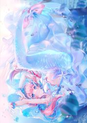 Rule 34 | 1girl, a20 (atsumaru), absurdres, blue eyes, closed mouth, fins, fish tail, hanagumo kuyuri, highres, looking at viewer, mermaid, monster girl, pink hair, solo, tail, underwater, virtual youtuber