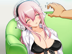 Rule 34 | 1girl, bikini, bikini top only, blush, breasts, cleavage, couch, closed eyes, green upholstery, headphones, large breasts, long hair, nitroplus, open clothes, open mouth, open shirt, pink hair, shirt, sitting, sleeping, super sonico, swimsuit, white shirt