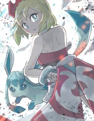 1girl blonde_hair blue_eyes blue_hair closed_mouth creatures_(company) game_freak gen_4_pokemon glaceon hat highres irida_(pokemon) looking_back nintendo pokemon pokemon_legends:_arceus sidelocks twitter_username umipokemori