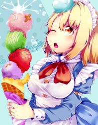 Rule 34 | 1girl, blonde hair, blue background, bow, bowtie, breasts, buttons, commentary request, food, food on face, fruit, highres, holding, ice cream, ice cream cone, long sleeves, maid, maid headdress, medium breasts, mugetsu (touhou), one eye closed, open mouth, orange (fruit), orange slice, red bow, red bowtie, short sleeves, solo, touhou, touhou (pc-98), upper body, wadante, yellow eyes