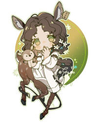 Rule 34 | 1girl, :o, animal ears, animal puppet, arm belt, belt, brown belt, brown hair, centauroid, chibi, circle, collared shirt, covering own mouth, curly hair, deer ears, deer girl, deer tail, ear tag, full body, green background, green eyes, hair over shoulder, hand over own mouth, hand puppet, hands up, highres, jessica (reverse:1999), kagari6496, long hair, long sleeves, looking at viewer, no pupils, parted bangs, puppet, reverse:1999, shirt, solo, tail, taur, two-tone background, white background, white shirt