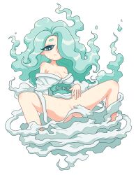 Rule 34 | 10s, 1girl, aqua eyes, blue hair, bottomless, breasts, cleavage, enraenra (youkai watch), hair over one eye, highres, japanese clothes, off shoulder, simple background, solo, spread legs, sweat, youkai watch, youkai watch 2, yuta agc