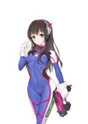 Rule 34 | 1girl, animal print, bodysuit, breasts, brown eyes, brown hair, character name, clothes writing, covered navel, cowboy shot, d.va (overwatch), facial mark, gloves, gun, hand up, handgun, headphones, highres, holding, holding gun, holding weapon, lamase (41), long hair, looking at viewer, overwatch, overwatch 1, rabbit, rabbit print, simple background, small breasts, smile, solo, weapon, whisker markings, white background, white gloves