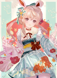 Rule 34 | 1girl, animal ears, blue kimono, blush, bow, brown eyes, chinese zodiac, choker, cowboy shot, earrings, floral print, frilled kimono, frilled sleeves, frills, gloves, hair bow, hair bun, hair ornament, hands up, heart, heart earrings, highres, japanese clothes, jewelry, kimono, komorihikki, long hair, long sleeves, looking at viewer, obi, original, parted lips, print kimono, rabbit ears, sash, smile, solo, twintails, wide sleeves, year of the rabbit