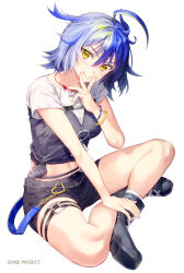 Rule 34 | 1girl, asakawa kanata, black footwear, black shorts, blue hair, boots, breasts, closed mouth, commentary request, crop top, fishnets, fujima takuya, hair between eyes, hand up, highres, highspeed etoile, looking at viewer, medium breasts, multicolored hair, navel, shirt, short shorts, short sleeves, shorts, simple background, sitting, smile, socks, solo, two-tone hair, v over mouth, white background, white shirt, white socks, yellow eyes