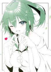 Rule 34 | 1girl, bare shoulders, blush, breasts, duel monster, finger heart, green eyes, green hair, heart, highres, jewelry, large breasts, long sleeves, natsumikan, one eye closed, open clothes, open robe, pendant, ponytail, robe, solo, spot color, symbol-shaped pupils, wide sleeves, winda (yu-gi-oh!), winda priestess of gusto, yu-gi-oh!