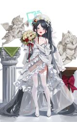 Rule 34 | 1girl, absurdly long hair, absurdres, aris (blue archive), black hair, blue archive, blue eyes, blue flower, blue rose, blush, bouquet, bow, bow panties, breasts, bridal gauntlets, commentary, dress, flower, frilled dress, frills, full body, garter belt, gluteal fold, hair ornament, halo, highres, holding, holding bouquet, jewelry, leviathan (hikinito0902), long hair, looking at viewer, open mouth, panties, parted bangs, red bow, red flower, red ribbon, red rose, revealing clothes, ribbon, rose, see-through, small breasts, solo, standing, statue, teeth, thighhighs, thighs, underwear, upper teeth only, very long hair, wedding dress, white dress, white flower, white footwear, white headwear, white panties, white rose, white thighhighs