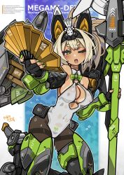 Rule 34 | 1girl, armored boots, black pantyhose, blonde hair, boots, breasts, fingerless gloves, gloves, green eyes, hand fan, high ponytail, highres, holding, holding weapon, leotard, looking at viewer, mecha musume, mechanical ears, medium breasts, medium hair, megami device, nancou (nankou), o-ring leotard, pantyhose, solo, standing, tan, tanline, weapon, white leotard