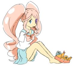 Rule 34 | 10s, 1girl, alternate hair color, alternate universe, amputee, armless amputee, blue eyes, chopsticks, chopsticks in mouth, croquette, double amputee, drill hair, emuchi, eyepatch, fish, harime nui, kill la kill, no arms, pink hair, sitting, solo, spoilers, twin drills