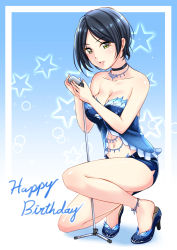 Rule 34 | 10s, 1girl, absurdres, black hair, blue background, blush, breasts, choker, cleavage, feet, gradient background, happy birthday, hayami kanade, high heels, highres, holding, holding microphone, idolmaster, idolmaster cinderella girls, jakelian, large breasts, looking at viewer, md5 mismatch, microphone, microphone stand, navel, parted lips, resolution mismatch, short hair, smile, solo, source smaller, star (symbol), yellow eyes