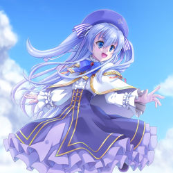 Rule 34 | 1girl, :d, beret, black footwear, blue bow, blue bowtie, blue eyes, blue sky, bow, bowtie, brooch, capelet, celia claire, cloud, cloudy sky, commentary request, day, dress, facing viewer, floating hair, frilled dress, frills, gold trim, hair between eyes, hair ribbon, hat, highres, jewelry, layered dress, leshade entis, long hair, looking to the side, open mouth, purple dress, purple hat, purple ribbon, ribbon, seirei gensouki, sky, sleeves past wrists, smile, solo, standing, standing on one leg, striped ribbon, tongue, twitter username, two-tone ribbon, very long hair, white capelet, white hair, white ribbon, wind