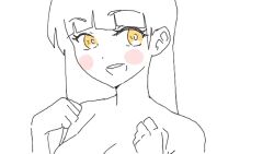 Rule 34 | 1girl, animated, animated gif, blush, blush stickers, bouncing breasts, breasts, female focus, jellymation, jumping, looking at viewer, medium breasts, nipples, one eye closed, portrait, simple background, solo, spot color, tareme, v, white background, wink, yellow eyes
