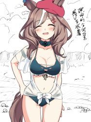 Rule 34 | alternate costume, animal ears, beret, blush, breasts, brown hair, cleavage, closed mouth, collarbone, commentary request, ears through headwear, hat, herohero (higashi no dou), highres, horse ears, horse girl, horse tail, looking at viewer, matikane tannhauser (umamusume), medium breasts, medium hair, navel, simple background, swimsuit, tail, umamusume
