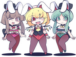 Rule 34 | 3girls, :d, ;d, @ @, alternate costume, animal ears, ascot, black headwear, black pantyhose, bow, brown eyes, brown hair, chahan (fried rice0614), commission, crystal, fang, flandre scarlet, full body, green eyes, green footwear, green hair, green leotard, hat, leotard, looking at viewer, multiple girls, nishida satono, one eye closed, open mouth, pantyhose, pink footwear, pink leotard, playboy bunny, rabbit ears, red bow, red eyes, red footwear, red leotard, short hair with long locks, simple background, skeb commission, smile, standing, tate eboshi, teireida mai, touhou, v-shaped eyebrows, white background, wings, yellow ascot, yellow bow