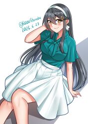 Rule 34 | 1girl, absurdres, black hair, breasts, brown eyes, dated, feet out of frame, green shirt, hair ornament, hairband, hairclip, haruna (kancolle), highres, kantai collection, katou shinobu, large breasts, long hair, official alternate costume, one-hour drawing challenge, shirt, sitting, skirt, smile, solo, twitter username, white background, white hairband, white skirt