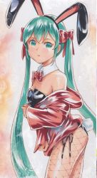 Rule 34 | 1girl, :o, animal ears, aqua eyes, aqua hair, bare shoulders, black leotard, blush, bow, bowtie, breasts, bunny day, commentary, cowboy shot, detached collar, fake animal ears, fishnet pantyhose, fishnets, from side, green eyes, hair bow, hairband, hatsune miku, jacket, leotard, long hair, long sleeves, looking at viewer, mayo riyo, off shoulder, pantyhose, playboy bunny, rabbit ears, rabbit tail, red bow, red bowtie, red jacket, side-tie leotard, small breasts, solo, strapless, strapless leotard, tail, very long hair, vocaloid