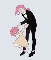 Rule 34 | 1boy, 1girl, ^ ^, aged down, black neckwear, blush stickers, bow, bowtie, braid, child, closed eyes, dancing, dress, father and daughter, formal, freckles, grey background, highres, holding hands, jojo no kimyou na bouken, looking at another, medium hair, meo7, pink hair, short hair, simple background, single braid, smile, socks, standing on another&#039;s feet, trish una, tuxedo, vento aureo, vinegar doppio, white footwear, yellow dress, yellow eyes