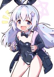 Rule 34 | 1girl, ahoge, alternate costume, animal ears, black bow, black jacket, black leotard, blue archive, blush, bow, breasts, collarbone, cowboy shot, detached collar, fake animal ears, hair ornament, halo, highres, jacket, kurosaki kousuke, leotard, long hair, long sleeves, looking at viewer, multicolored hair, open clothes, open jacket, open mouth, pink hair, pink halo, playboy bunny, purple eyes, purple hair, rabbit ears, reisa (blue archive), simple background, small breasts, smile, solo, star (symbol), star hair ornament, strapless, strapless leotard, twintails, white background