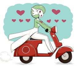 Rule 34 | bob cut, colored skin, creatures (company), dress, from side, game freak, gardevoir, gen 3 pokemon, green hair, hair over one eye, heart, highres, motor vehicle, multicolored skin, nintendo, on scooter, open mouth, pink eyes, pokemon, pokemon (creature), putri (somedude1727), scooter, simple background, star (symbol), two-tone skin, white dress, white skin