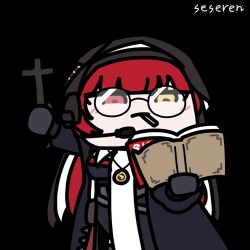 Rule 34 | 1girl, animated, animated gif, arm up, artist name, book, candy, cross, erika (neural cloud), food, food in mouth, girls&#039; frontline neural cloud, glasses, habit, headset, heterochromia, holding, holding book, holding cross, latin cross, lollipop, long hair, looping animation, lowres, microphone, mouth hold, nun, red eyes, red hair, seseren, solo, transparent background, yellow eyes