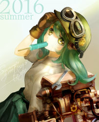 Rule 34 | 10s, 1girl, 2016, bad id, bad pixiv id, english text, food, gloves, goggles, goggles on head, green eyes, green hair, hair bobbles, hair ornament, hand on own head, hand up, hat, kawashiro nitori, keiko (mitakarawa), looking at viewer, looking to the side, machinery, matching hair/eyes, mouth hold, popsicle, signature, sleeves rolled up, solo, summer, sweat, touhou, wrench