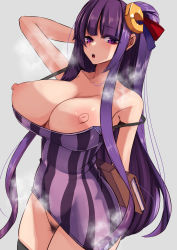 Rule 34 | 1girl, blush, book, breasts, cleavage, collarbone, cowboy shot, crescent, crescent hair ornament, dress, female pubic hair, grey background, groin, hair ornament, heart, heart-shaped pupils, highres, holding, holding book, large breasts, long hair, nipples, open mouth, patchouli knowledge, pubic hair, purple eyes, purple hair, simple background, solo, speech bubble, striped clothes, striped dress, symbol-shaped pupils, touhou, vertical-striped clothes, vertical-striped dress, yukito (dreamrider)