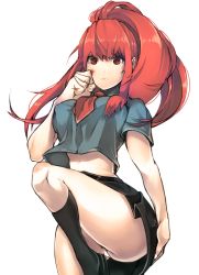 Rule 34 | 1girl, bad id, bad pixiv id, breasts, bruise, clenched hand, crop top, crop top overhang, female focus, fighting stance, honey bee (bancoth), injury, large breasts, long hair, original, red eyes, red hair, serious, skirt, socks, solo, standing, standing on one leg