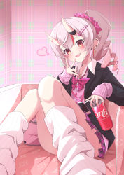 Rule 34 | 1girl, absurdres, alternate costume, blush, bow, bowtie, breasts, can, coca-cola, ear piercing, earrings, fang, fumi (fumibeing), gradient hair, grey hair, gyaru, hair ornament, hairclip, heart, highres, holding, holding can, hololive, horns, indoors, jacket, jewelry, long hair, long sleeves, loose socks, multicolored hair, nakiri ayame, oni, open clothes, open jacket, open mouth, phone, piercing, ponytail, red eyes, red hair, ribbed legwear, ring, school uniform, sitting, skin-covered horns, skirt, small breasts, smile, socks, solo, streaked hair, v, virtual youtuber