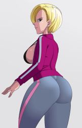 Rule 34 | 1girl, android 18, ass, blonde hair, blue eyes, breasts, breasts out, donchibi, dragon ball, dragon ball super, dragon ball super super hero, earrings, grey background, highres, huge ass, jacket, jewelry, large breasts, long sleeves, looking at viewer, looking back, mature female, pants, short hair, smile, solo, thick thighs, thighs, tight clothes, tight pants, track jacket, yoga pants