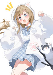 Rule 34 | 1girl, :d, animal, animal ears, animal hood, blue bow, blue eyes, blue nails, blue skirt, blush, bow, brown hair, cat, cat ears, cat hood, clenched hands, collared shirt, commentary request, dress shirt, fake animal ears, fang, hair ornament, hairclip, hana mori, hands up, highres, hood, hood up, hooded jacket, jacket, long hair, long sleeves, looking at viewer, nail polish, notice lines, open clothes, open jacket, open mouth, original, plaid, plaid bow, plaid skirt, pleated skirt, puffy long sleeves, puffy sleeves, shirt, simple background, skirt, sleeves past wrists, smile, solo, v-shaped eyebrows, white background, white jacket, white shirt