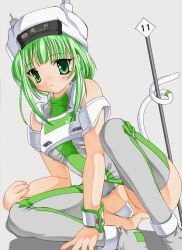 Rule 34 | 1girl, 2000s (style), anus, archived source, ashita yaru, cleft of venus, closed mouth, commentary request, crotch plate, fingernails, green eyes, green thighhighs, grey background, grey thighhighs, hat, light green hair, long hair, original, personification, pussy, pussy peek, shadow, short hair with long locks, smile, solo, tail, thighhighs, two-tone legwear, two-tone thighhighs, uncensored, white hat, white tail, white wrist cuffs, wrist cuffs