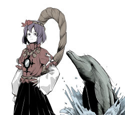 Rule 34 | 1girl, black skirt, closed mouth, dolphin, hair ornament, hand on own hip, highres, jumping, layered sleeves, leaf hair ornament, long sleeves, looking at viewer, mirror, motion lines, nail polish, peroponesosu., purple eyes, purple hair, purple nails, red shirt, rope, shimenawa, shirt, short hair, short over long sleeves, short sleeves, simple background, skirt, solo, standing, touhou, water, white background, yasaka kanako