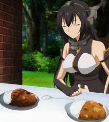 Rule 34 | 10s, 1girl, black hair, breasts, curry, closed eyes, food, highres, kantai collection, large breasts, long hair, nagato (kancolle), plate, rice, screencap, spoon