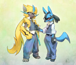 Rule 34 | 2boys, animal ears, artist logo, artist name, barefoot, belt, blue eyes, cat boy, cat ears, claws, creatures (company), furry, furry male, game freak, gen 4 pokemon, gen 7 pokemon, glasses, grey pants, hand on another&#039;s stomach, hands on own hips, highres, jackal boy, jackal ears, jackal tail, legendary pokemon, looking at viewer, lucario, male focus, multiple boys, mythical pokemon, nintendo, ogasawara tomy, pants, pokemon, pokemon (creature), red eyes, shirt, sleeveless, sleeveless shirt, sleeveless sweater, spikes, sweater, sweater vest, white shirt, zeraora