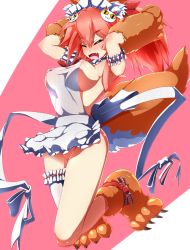 Rule 34 | 1girl, animal ear fluff, animal ears, animal hands, apron, bell, blush, breasts, cat hair ornament, cat paws, closed eyes, collar, fangs, fate/grand order, fate (series), fox ears, fox girl, fox tail, frilled apron, frills, gloves, hair ornament, hair ribbon, hairclip, highres, jingle bell, large breasts, long hair, mrtakenoko, naked apron, neck bell, nipples, no panties, open mouth, paw gloves, paw shoes, pink hair, ponytail, red ribbon, ribbon, shoes, sideboob, solo, tail, tamamo (fate), tamamo cat (fate), tamamo cat (third ascension) (fate), white apron
