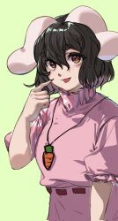 Rule 34 | 1girl, animal ears, black hair, blush, breasts, brown eyes, carrot necklace, commentary request, cowboy shot, floppy ears, frilled sleeves, frills, green background, hair between eyes, hand up, highres, inaba tewi, jewelry, long bangs, looking at viewer, medium breasts, necklace, nio (meple nio), open mouth, pink shirt, pink skirt, pointing, pointing at self, puffy short sleeves, puffy sleeves, rabbit ears, rabbit girl, ribbon-trimmed skirt, ribbon trim, shirt, short hair, short sleeves, simple background, skirt, solo, thick eyebrows, touhou