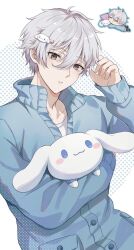 Rule 34 | 1boy, blue lock, brown eyes, buttons, chibi, cinnamoroll, closed eyes, closed mouth, commentary, fingernails, hair between eyes, hair ornament, hairclip, high collar, highres, long sleeves, looking at viewer, moco (1553561764583079936), nagi seishirou, hugging object, parted lips, pillow, pocket, sanrio, shirt, short hair, solo, upper body, white hair, white shirt