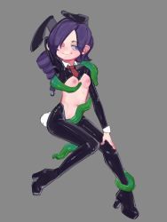 Rule 34 | 1girl, animal ears, boots, breasts, drill hair, hair over one eye, high heel boots, high heels, leotard, meme attire, nipples, playboy bunny, purple hair, reverse bunnysuit, reverse outfit, small breasts, tentacles, zone-tan